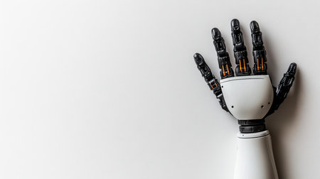A sleek robotic hand displayed on a clean white background, showcasing advanced technology and design elements that reflect the future of automation and prosthetics.の素材