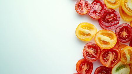 Vibrant sliced tomatoes in red and yellow hues spread across a light backdrop, perfect for food styling and culinary projects showcasing freshness.の素材