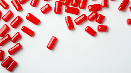 A colorful arrangement of bright red candy pieces scattered on a white surface, highlighting their glossy texture and vibrant appeal in a playful setting.の素材