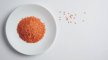 A close-up of red lentils arranged in a bowl on a white background. This vibrant, healthy ingredient is perfect for various nutritious dishes and meal preparations.の素材