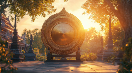 A tranquil scene showcasing a beautiful golden gong at sunrise in an ancient temple. The warm light filters through trees, enhancing the serene atmosphere.の素材