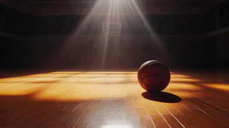 A sunlit basketball rests on the wooden court in an empty gym, casting dramatic shadows and creating a serene yet dynamic atmosphere for sports lovers.の素材