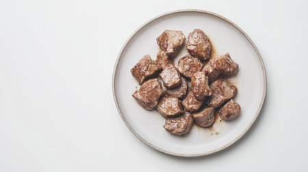 A close-up view of tender cooked meat pieces beautifully arranged on a rustic plate, ideal for showcasing delicious meal options and culinary creations.の素材