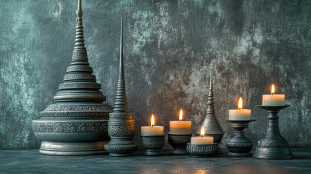 A collection of dark decorative candles and intricate sculptures arranged artistically, creating a soothing ambiance perfect for relaxation and meditation.の素材