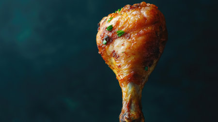 A closeup of a crispy fried chicken drumstick garnished with herbs, showcasing its golden-brown texture. Perfect for culinary projects and food blogs.の素材