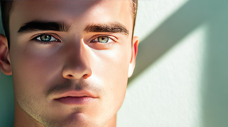 A close-up portrait of a young man showcasing his intense gaze and striking features. Natural light creates a serene atmosphere perfect for beauty themes.の素材