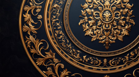 This image showcases intricate gold patterns against a dark background, highlighting elegance and luxury. Perfect for design, art, and decor themes.の素材