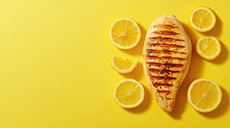 A beautifully grilled chicken breast is surrounded by vibrant lemon slices, creating a fresh and appetizing presentation perfect for healthy meals.の素材