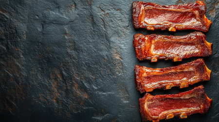 Juicy grilled meat ribs positioned on a dark stone background, showcasing mouth-watering texture and savory flavor, ideal for food photography or culinary themes.の素材