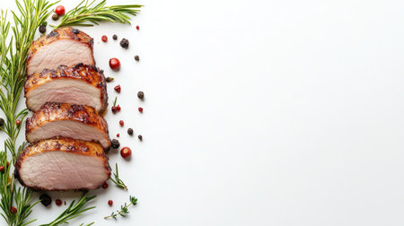 Sliced grilled pork surrounded by fresh herbs and spices, showcasing a delicious and appetizing presentation ideal for culinary use or recipe inspiration.の素材