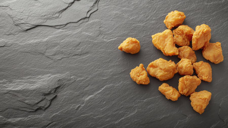 A collection of crispy fried chicken pieces arranged on a dark slate background. Ideal for illustrating fast food, snacks, or comfort food themes.の素材