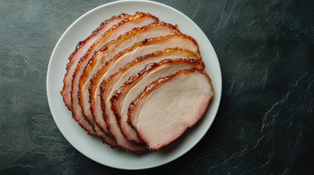 This image features beautifully sliced roast meat arranged on a white plate, showcasing its rich color and texture. Ideal for food-related content.の素材
