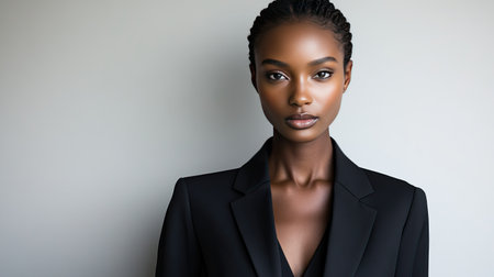 A striking portrait featuring a confident woman in a tailored suit, showcasing elegance and beauty. The image captures a serene expression and highlights her graceful posture against a soft background.の素材
