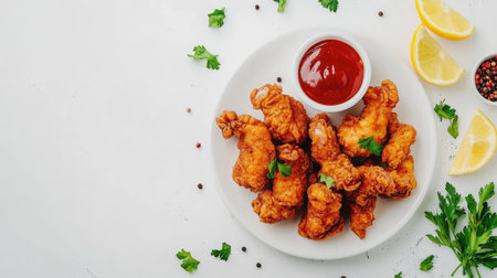 Enjoy crispy fried chicken served with tangy sauce and fresh garnishes. Perfect for any gathering or as a delicious snack option.の素材