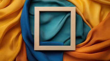 An artistic composition featuring a wooden frame surrounded by vibrant fabrics in blue, orange, and yellow hues, ideal for creative displays.の素材