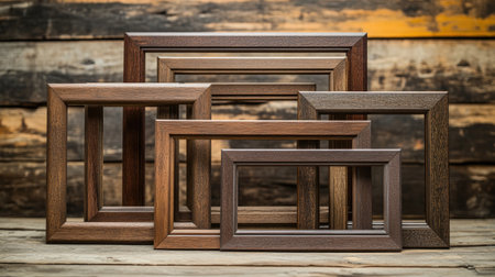 This image features an array of elegant wooden frames arranged artistically on a rustic wooden background, ideal for showcasing art or photographs.の素材