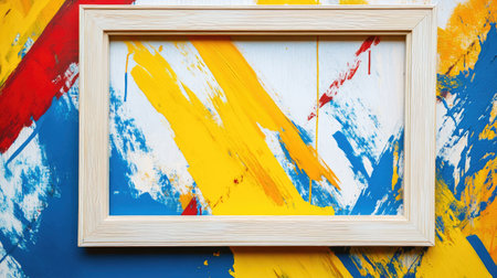 A colorful abstract background featuring bold strokes of yellow, blue, and red with an empty wooden frame, ideal for showcasing artwork or photography.の素材