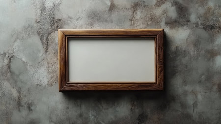 A rustic wooden frame rests against a textured gray wall, offering a perfect blank canvas for artwork or photographs. Ideal for minimalist designs.の素材