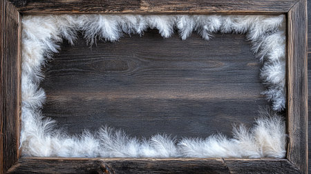 A rustic wooden frame featuring fluffy white accents around the edges. Ideal for creating an artistic or cozy display in any home or studio setting.の素材