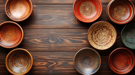 A stunning array of colorful handcrafted bowls arranged on a rustic wooden table, showcasing intricate patterns and artistic craftsmanship. Perfect for decoration or dining.の素材