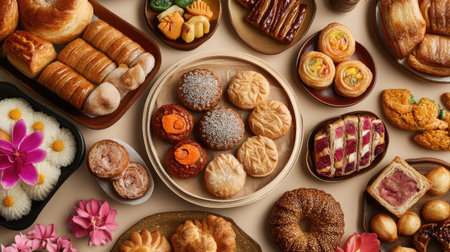 A vibrant display of assorted pastries and sweets featuring a variety of colors and textures, perfect for celebration or teatime. Ideal for food lovers!の素材