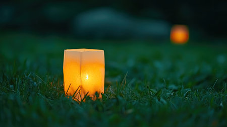 A serene image of glowing lanterns placed on lush green grass, creating a warm and calming ambiance perfect for outdoor gatherings at dusk.の素材