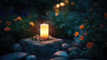 A serene scene featuring a glowing candle surrounded by vibrant flowers and smooth stones, creating a tranquil ambiance perfect for evening relaxation.の素材