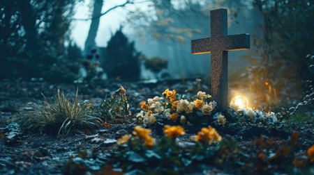 A tranquil gravestone surrounded by blooming flowers in a serene cemetery at twilight. The soft glow of light evokes a sense of peace and remembrance.の素材