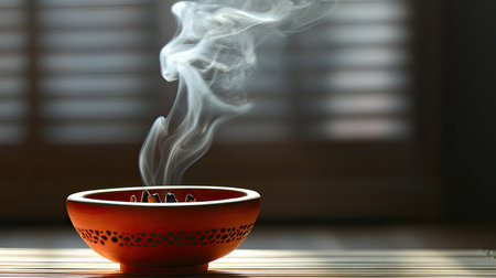 A serene image of an incense bowl with gentle smoke rising, perfect for evoking feelings of tranquility, relaxation, and mindfulness in various settings.の素材