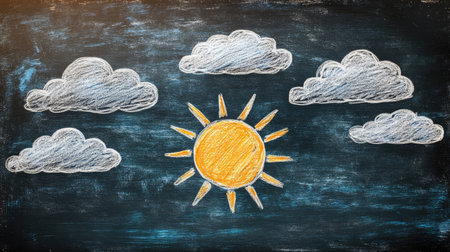 This artistic chalk drawing features a bright sun and soft clouds on a blackboard background, perfect for educational or creative projects highlighting nature.の素材