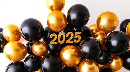 A vibrant collection of black and gold balloons featuring the year 2025, perfect for festive celebrations or parties, adding a touch of elegance and joy.の素材