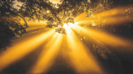 Stunning sunlight streams through trees in a tranquil forest, creating a serene landscape filled with golden rays and a magical atmosphere.の素材