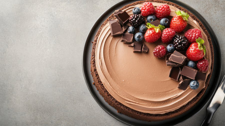 A mouthwatering chocolate cake topped with fresh berries including raspberries, blueberries, and blackberries. Perfect for celebrations or dessert tables!の素材