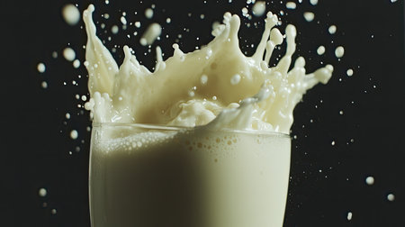 A dynamic image of milk splashing out of a glass, showcasing fluid motion and freshness. Perfect for themes of dairy, beverages, and culinary art.の素材