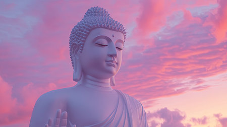A serene Buddha statue stands majestically against a breathtaking pink sky, embodying peace and tranquility. Ideal for spiritual and artistic themes.の素材