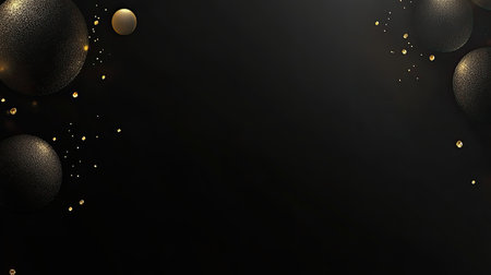 This elegant black background features golden accents and delicate bubbles, perfect for adding a luxurious touch to any design project or celebration.の素材