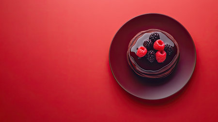 Mouthwatering chocolate pancakes topped with fresh raspberries and blackberries, served on a dark plate against a vibrant red background, perfect for dessert or breakfast.の素材