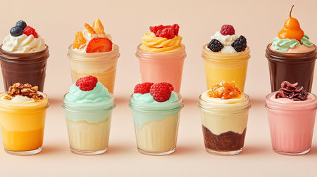 A stunning arrangement of colorful dessert cups in jars, featuring an array of toppings and flavors. Perfect for parties, celebrations, or casual indulgence.の素材