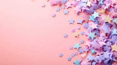 A vibrant arrangement of colorful star confetti scattered on a soft pink background. Perfect for party themes, celebrations, and creative projects.の素材