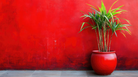 A striking green plant in a red pot complements a bold red wall, creating a lively and modern indoor space. Perfect for decor and design inspiration.の素材