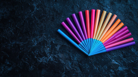 A visually striking arrangement of colorful markers fanned out on a dark textured surface, emphasizing creativity and artistic expression. Ideal for art projects and educational use.の素材