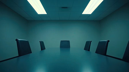 A dimly lit conference room featuring a long table and empty chairs, creating a serene and professional atmosphere perfect for meetings and discussions.の素材