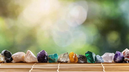 A serene arrangement of colorful crystals placed on a wooden surface, with a soft bokeh background that enhances their natural beauty and charm.の素材