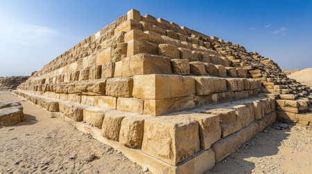 Explore the grandeur of an ancient pyramid structure set against a clear blue sky in a vast desert landscape, showcasing historical architecture.の素材