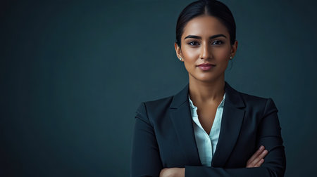 A confident businesswoman poses with crossed arms, exuding professionalism and empowerment in a modern office setting. This portrait captures strength and elegance.の素材