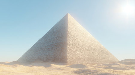 A stunning view of a majestic pyramid rising in the desert sands under a clear blue sky, showcasing its architectural grandeur and historical significance.の素材