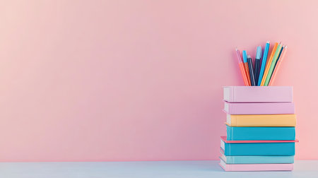 A vibrant stack of books topped with colorful stationery against a soft pink backdrop, perfect for themes of education, creativity, and organization.の素材