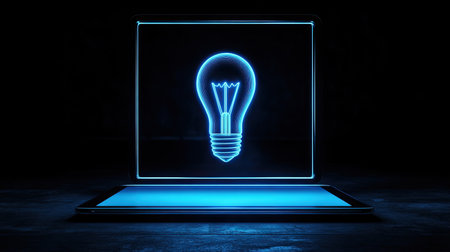A glowing neon light bulb displayed on a tablet, symbolizing creativity and innovation in technology. Perfect for digital art and modern design themes.の素材