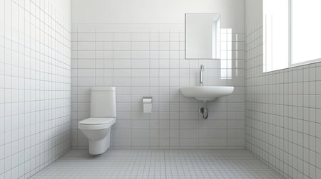 A clean and modern bathroom interior featuring a white color scheme, minimalist design, and essential fixtures for a fresh and tranquil atmosphere.の素材