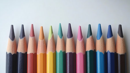 A vibrant collection of colorful pencils arranged neatly on a white background, perfect for showcasing creativity and artistic expression in various projects.の素材